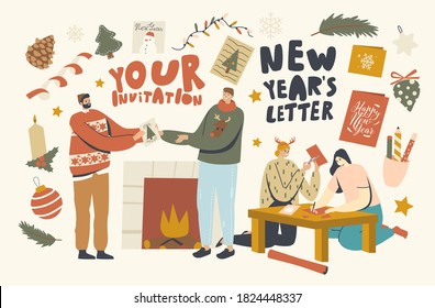 Male and Female Characters Making and Giving Christmas Greeting Cards. Xmas Holidays Celebration, Warm Congratulations to Friends or Family for Winter Festive Season. Linear People Vector Illustration