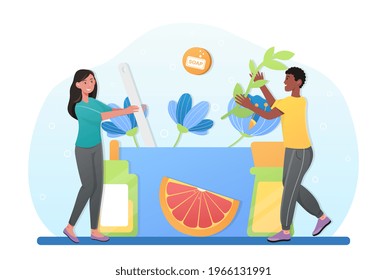 Male and female characters are making handmade soap together. Craft workshop with man and woman putting natural ingredients flowers and oil in bowl mixing soap. Flat cartoon vector illustration