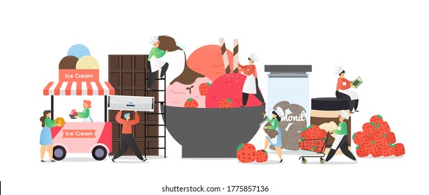 Male and female characters making and selling fruit and almond ice cream, frozen dessert, vector flat illustration. Ice cream business composition for poster, banner etc.