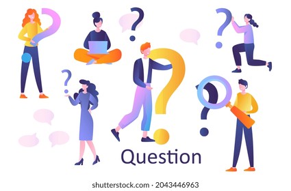 Male and female characters making a thinking gesture while holding a question mark on white background. Concept of confusion and having more questions then answers. Flat cartoon vector illustration