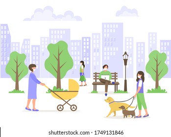 Male and female characters in medical masks walk in a city park. A young mother walks with a stroller. A man works on a laptop. The girl walks the dogs. Social distance during the COVID-19 pandemic.