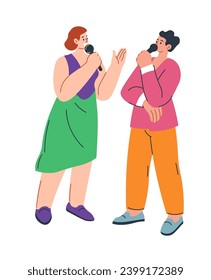 Male and female characters with microphones singing in karaoke club or bar. People having fun on weekends, man and women friends or boyfriends and girlfriends on parties. Vector in flat style