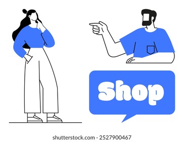 Male and female characters in modern style with blue shirts, the man pointing to a Shop sign. Ideal for retail, shopping, business promotion, online stores, and marketing themes. Simple, clean lines