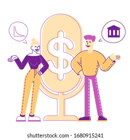 Male and Female Characters Money Talks. People Stand at Huge Microphone with Dollar Sign Communicate and Discussing Financial Deals. Business Consulting, Specialist Advice. Linear Vector Illustration