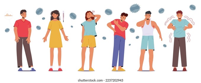 Male and Female Characters with Monkeypox Virus Symptoms Concept. Sick Men and Women with Allergy, Smallpox Fever, Rash, Headache. Diseased People with Monkey Pox Disease. Cartoon Vector Illustration