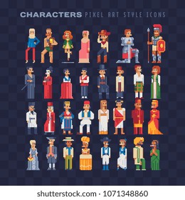 Male and female characters in national dress traditional clothes of different countries pixel art icon. People in folk costumes isolated vector illustration. 8-bit sprite sheet. Design stickers, app.