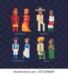 Male and female characters in national dress of countries India Indonesia Mexico Argentina traditional clothes pixel art icon. People in folk costumes isolated vector illustration. 8-bit sprite.