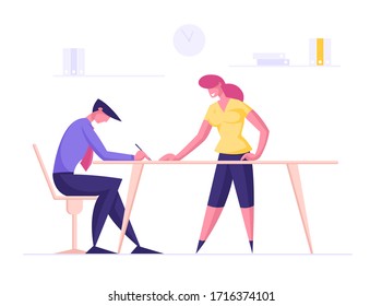 Male and Female Characters Office Employees Creative Team Discuss Problems. Business People Working Together in Company. Cheerful Woman Help to Man, Teamwork and Support. Cartoon Vector Illustration