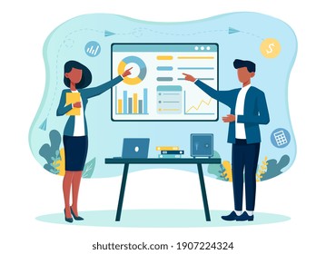 Male and female characters in office unifrom are studying infographics on screen. Pointing at screen with diagrams. Concept of tax calculating and financial analysis. Flat cartoon vector illustration