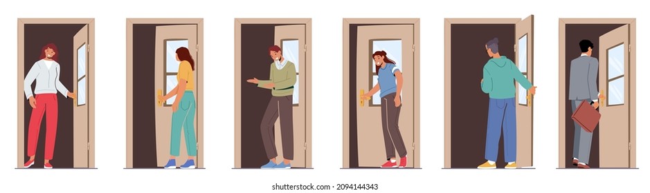 Male and Female Characters Opening Door, Men, Women, Business Persons Enter Open Doorway Isolated on White Background. People Leaving Home, Entrance to Apartment or Office. Cartoon Vector Illustration