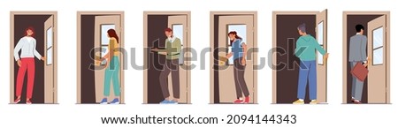 Male and Female Characters Opening Door, Men, Women, Business Persons Enter Open Doorway Isolated on White Background. People Leaving Home, Entrance to Apartment or Office. Cartoon Vector Illustration Foto d'archivio © 