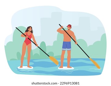 Male and Female Characters Paddleboarding, Balancing On Board, Moving Through Water With Long Paddle, Enjoying Scenic Views And Exercise. Cartoon People Vector Illustration