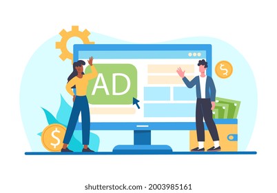 Male And Female Characters Paid For Advertising Click On Website. Young Man And Woman Standing Next To Computer Screen Together. Concept Of Online Ad Click Payment. Flat Cartoon Vector Illustration