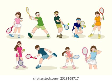 Conjunto de personajes masculinos y femeninos participan en el tenis, un deporte Populares. Hombres y mujeres jóvenes con raquetas y una pelota