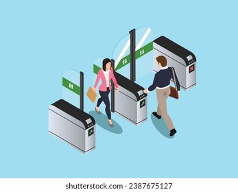 Male and Female Characters Pass Through Turnstile isometric 3d vector illustration concept for banner, website, landing page, flyer, greeting card, etc