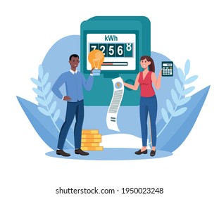 Male and female characters are paying utilities together. Concept of invoice and electricity meter. Man and woman worried and stressed over bills. Flat cartoon vector illustration - Shutterstock ID 1950023248