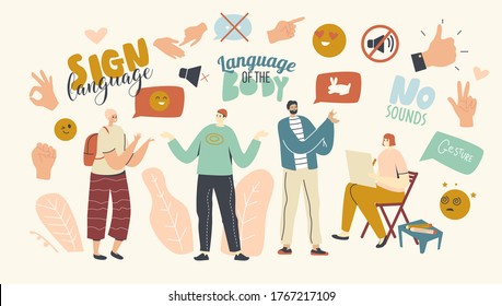 Männliche und weibliche Charaktere führen Handgeschichten aus. Kommunikationssprache ohne Sounds, Zählfingers, Gesture Palm, Zeigerhand, Posing und Gesturing People Group. Lineare Vektorgrafik