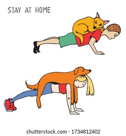 Male and female characters with pets resting and do workouts at home. Men and women spending time with their domestic animals. Hand drawn cartoon colorful vector illustration.