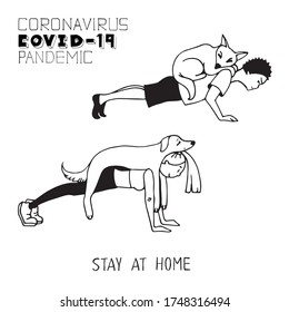 Male and female characters with pets resting and do workouts at home. Men and women spending time with their domestic animals. Hand drawn cartoon black and white vector illustration.