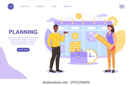 Male and female characters are planning events together. Man and woman developing a plan and marking on calendar with pencil. Website, web page, landing page template. Flat cartoon vector illustration
