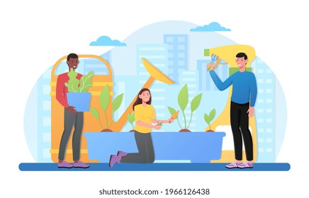 Male and female characters are planting and watering the sprout on roof or balcony. Concept of urban farming or gardening. City agriculture. Natural organic food. Flat cartoon vector illustration