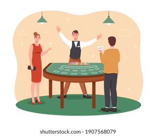 Male and female characters are playing casino games. Croupier count chips. Man and woman are playing blackjack at casino table. Flat cartoon vector illustration