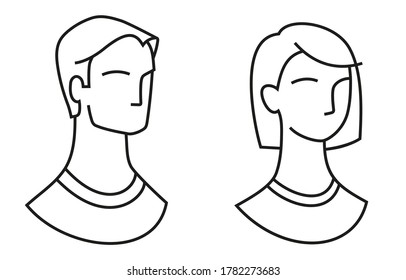 Male and female characters' portrait. Set of two lineart avatars. Clean and simple design for user profile icon. Vector stock illustration.