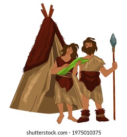 Personajes masculinos y femeninos de culturas prehistóricas antiguas junto a una vieja cabaña. Una mujer con verduras recogió comida y un hombre lanza, cazando animales para comer. Vector de estilo plano