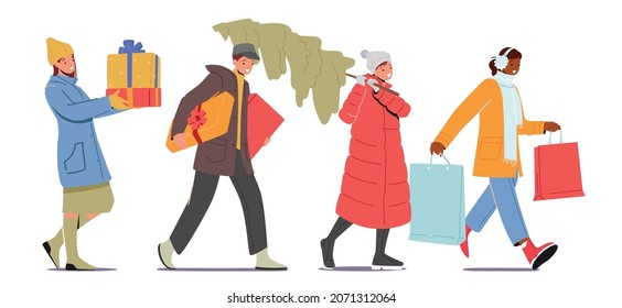 Male and Female Characters Prepare Presents and Fir Tree for Family or Friends Happy People Carry Gift Boxes Wrapped with Festive Bows for Winter Holidays Celebration. Cartoon Flat Vector Illustration