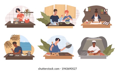 Male and female characters preparing food for dinner or lunch. Personages working in kitchen, cafe or restaurant staff. Hobby or culinary and bakery classes. Housewife and chef. Vector in flat style