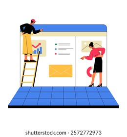Male And Female Characters Presenting Data On Large Screen In Flat Vector Illustration Symbolizing Time Management Software, Teamwork, And Planning, Isolated On White Background