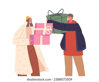 Male And Female Characters With Presents At Winter Holidays Celebration. Happy Friends Or Loving Couple Greeting