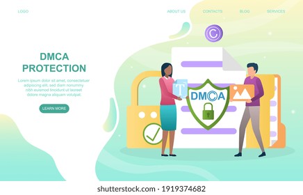 Male and female characters are protecting DMCA together. Concept of protecting intellectual property. Website, web page, landing page template. Flat cartoon vector illustration