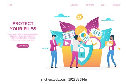 Male and female characters are protecting their files together. Men and women are putting files in one folder with lock. Website, web page, landing page template. Flat cartoon vector illustration