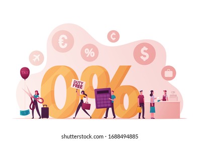 Male and Female Characters Purchasing in Tax and Duty Free Store. Tiny People at Huge Zero Percent Symbol, Customers Paying at Shop Counter Desk, Man with Calculator. Cartoon Vector Illustration