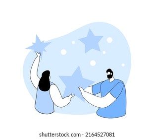 Male And Female Characters Put Stars On Night Sky. Cosmos Exploration, Scientific Investigation. Man And Woman Studying Astronomy Science, Space Observation Hobby. Cartoon People Vector Illustration