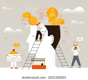 Male and female characters putting light bulb, books and rocket booster into human head to improve work skills. Concept of upskill, learning new skills to improve job. Flat cartoon vector illustration