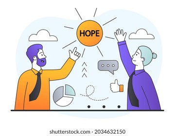 Male and female characters are rasing hands up in the air towards hope on white background. Concept of dark times ending, hope on horizon, future success. Flat cartoon vector illustration