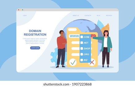 Male and female characters are registrating domain. Friends choose domain suitable for their website. Website, web page, landing page template. Flat cartoon vector illustration