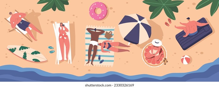 Male And Female Characters Relaxing On A Sun-drenched Beach, Spreading Colorful Towels On Golden Sand