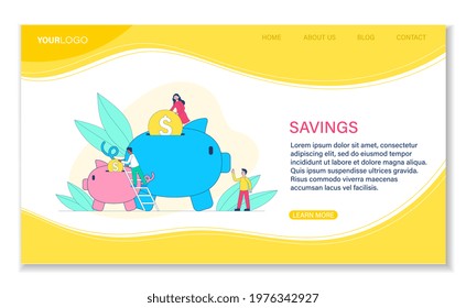 Male and female characters are saving money in piggy bank together. Concept of business and saving money in safe place. Website, web page, landing page template. Flat cartoon vector illustration