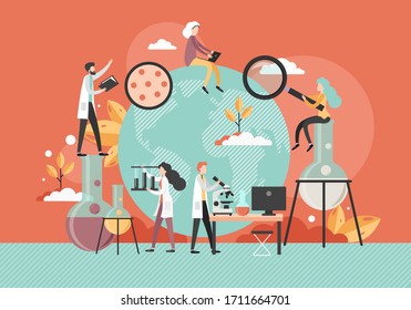 Male and female characters scientists or lab attendants working in science laboratory using microscope, lab glassware, vector flat illustration. Scientific research, experiment, science and education.