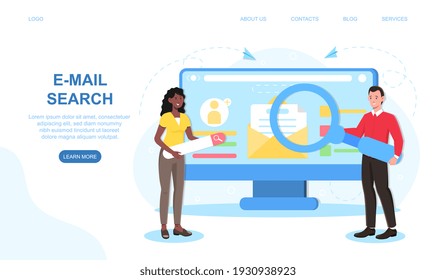 Male and female characters are searching for e-mail with magnifier. Concept of zoom searching information email search. Website, web page, landing page template. Flat cartoon vector illustration