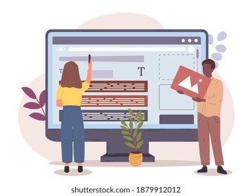 Male and female characters setting up website. Concept of web designers working on web page. Flat cartoon vector illustration