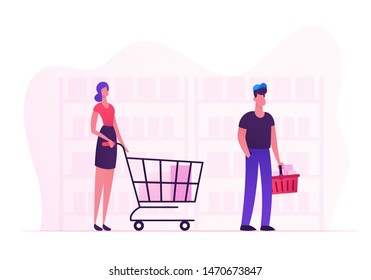 Male and Female Characters with Shopping Baskets Standing in Line at Shop. Customers with Products in Queue Moving to Cashier Desk at Grocery Store or Supermarket. Cartoon Flat Vector Illustration