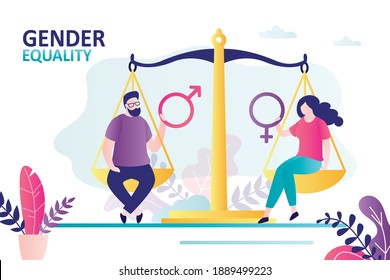 Male And Female Characters Sit On Scales And Holds Gender Icon. Equal Rights Between Men And Women. Concept Of Sex Equality And Egalitarianism. Same Opportunities For All People. Vector Illustration