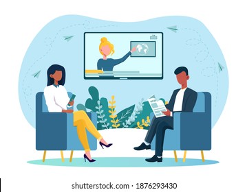Male and female characters sitting in armchairs in a waiting room with tv news in the background. Concept of people watching news at any place. Flat cartoon vector illustration
