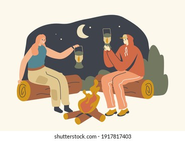 Male and Female Characters Sitting at Campfire on Logs at Night Holding Lanterns with Fire inside. People Use Illumination, Source of Lighting. Campers Recreation, Leisure. Cartoon Vector Illustration