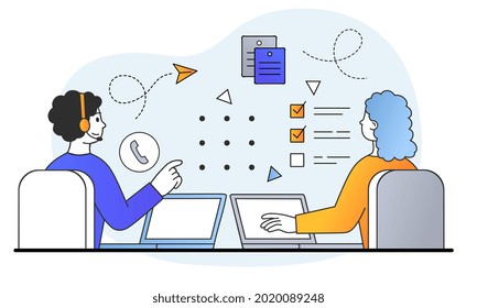 Male and female characters are sitting at desk and working at the office. Business people are working on laptops at their workplace. Flat cartoon vector illustration