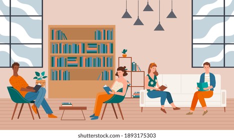 Male and female characters sitting in library and reading books. People reading books sitting on chair in silence. Students studying in collegue library. Flat cartoon vector illustration